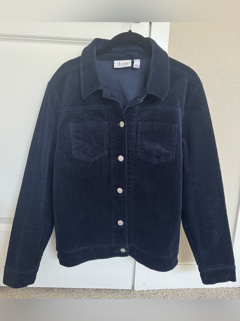 Denim&Co Navy Stretch Preppy Corduroy Button-Front Jacket 98% Cotton